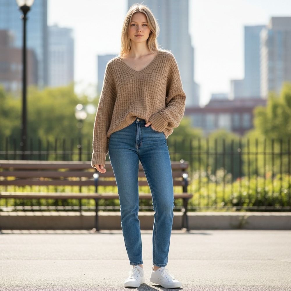 Maeve by Anthropologie Fisherman Sweater Light Brown V-Neck Waffle Knit Small